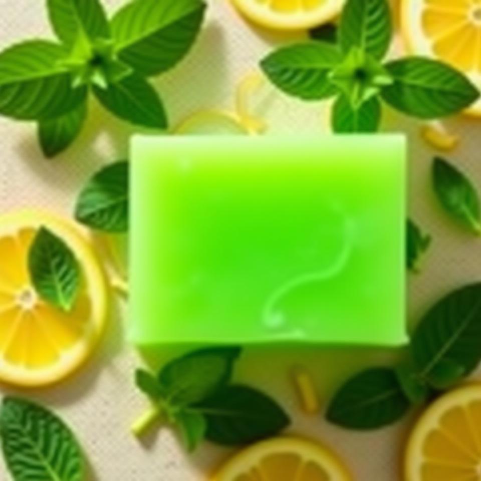 Jabón verde menta con detalles cítricos y hojas frescas