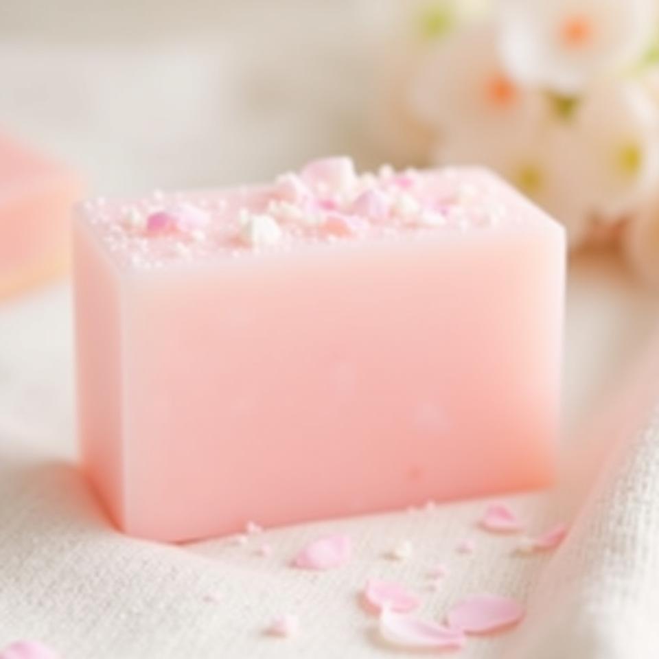 Jabón rosa claro con trozos de pétalos de rosa